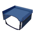 Blue padded kids travel tray for car and airplane with mesh sides and adjustable straps for secure attachment