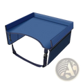 Blue padded kids travel tray for car and airplane with mesh sides and adjustable straps for secure attachment