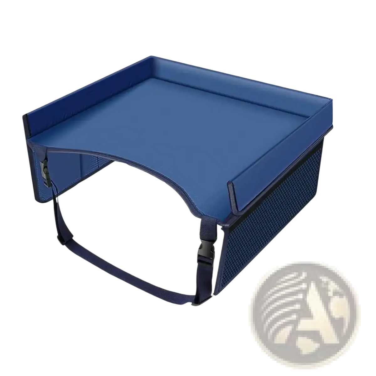 Blue padded kids travel tray for car and airplane with mesh sides and adjustable straps for secure attachment