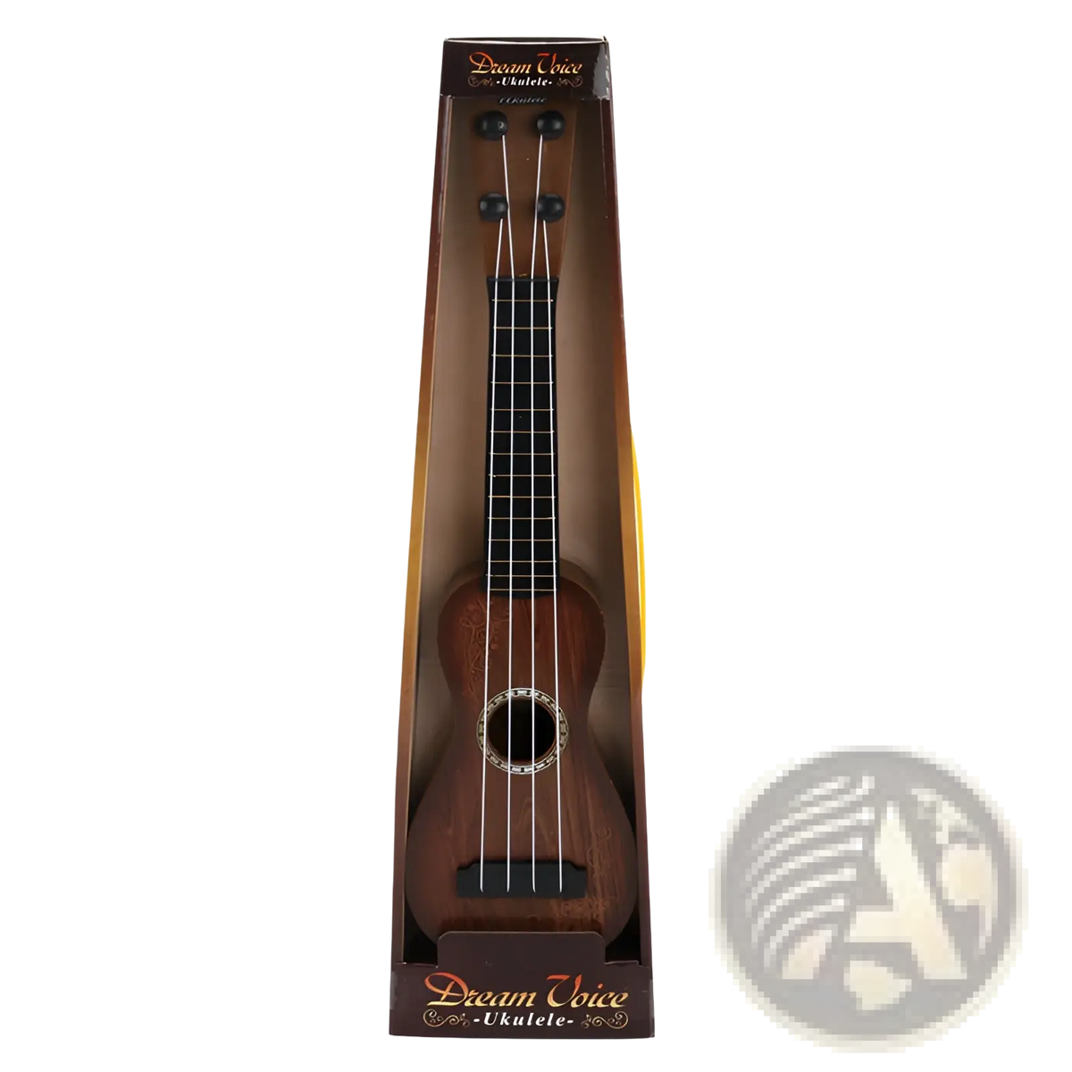 A miniature brown wooden kids ukulele toy with black fretboard and silver rosette branded dream voice