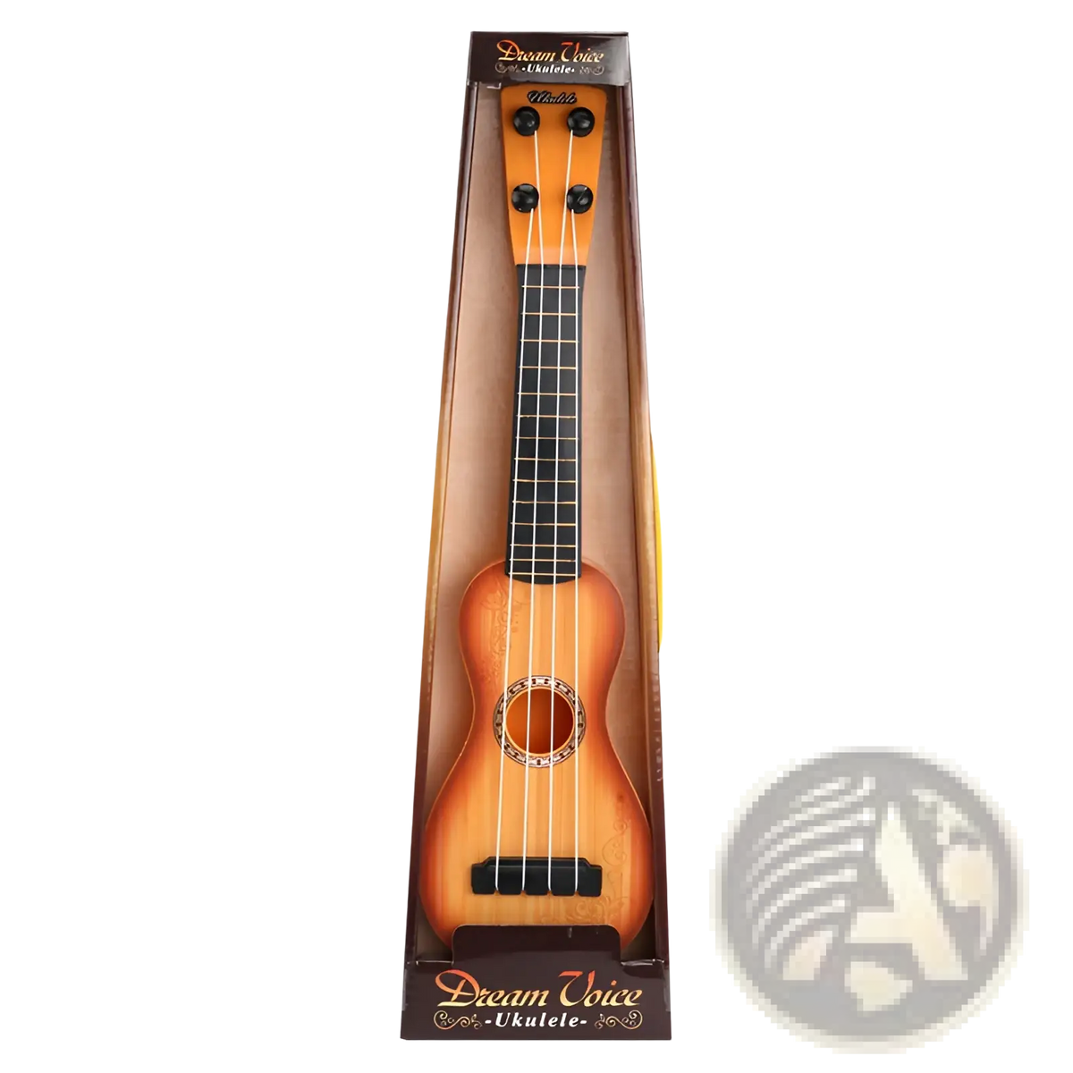 Wooden kids ukulele toy simulation guitar with warm sunburst finish and black fretboard in branded box