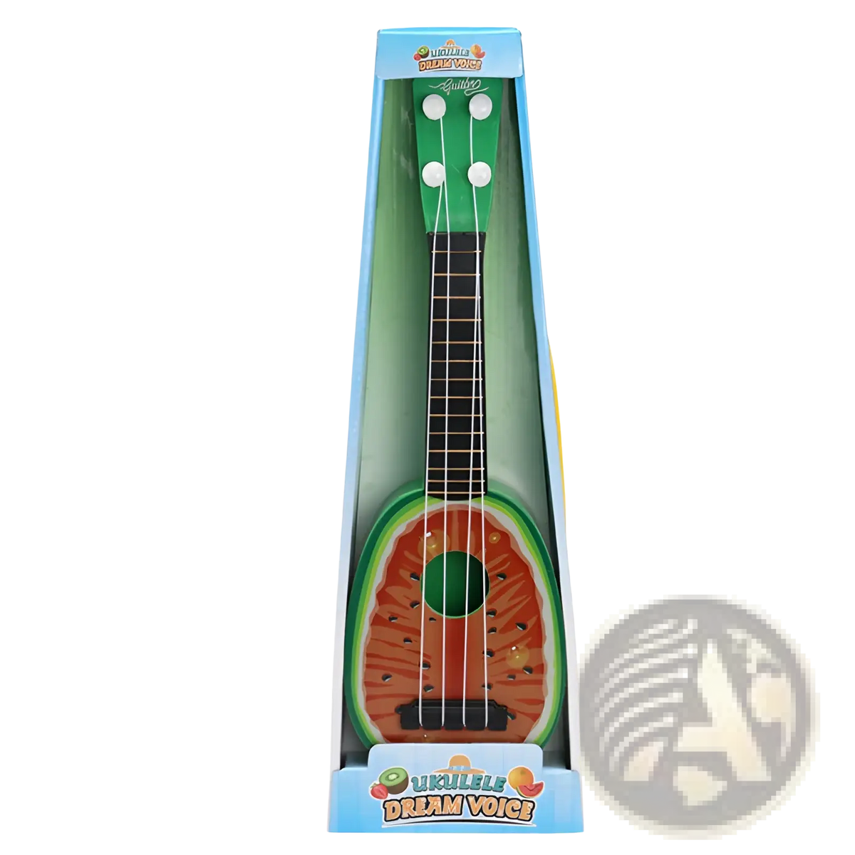 Colorful kids ukulele toy with watermelon design green and red body white tuning pegs and black fretboard for children