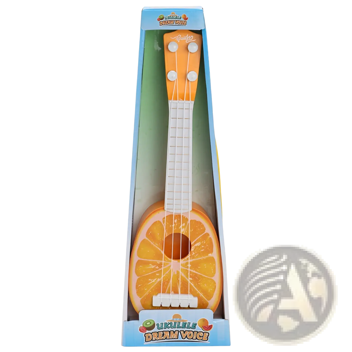 Kids ukulele toy simulation guitar in orange with sliced orange design white strings and tuning pegs for children