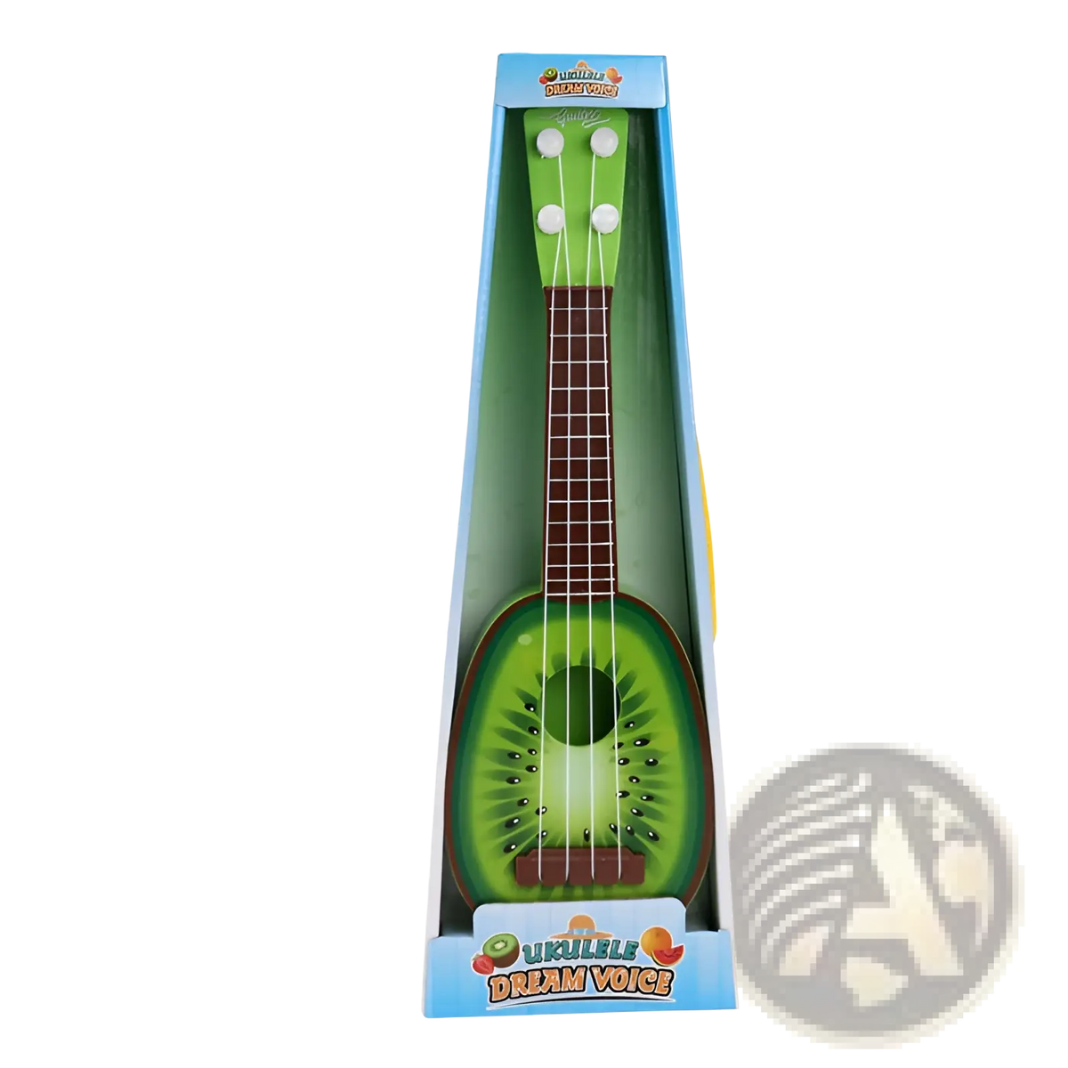 A vibrant green kiwi-themed kids ukulele toy with a glossy plastic body and wooden neck for children’s play