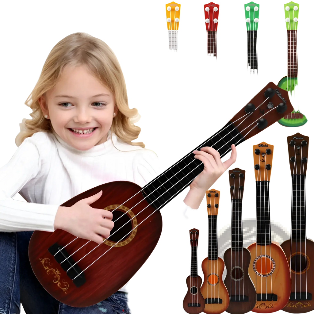 A child holds a dark brown wooden kids ukulele toy with ornate gold inlay designed for children