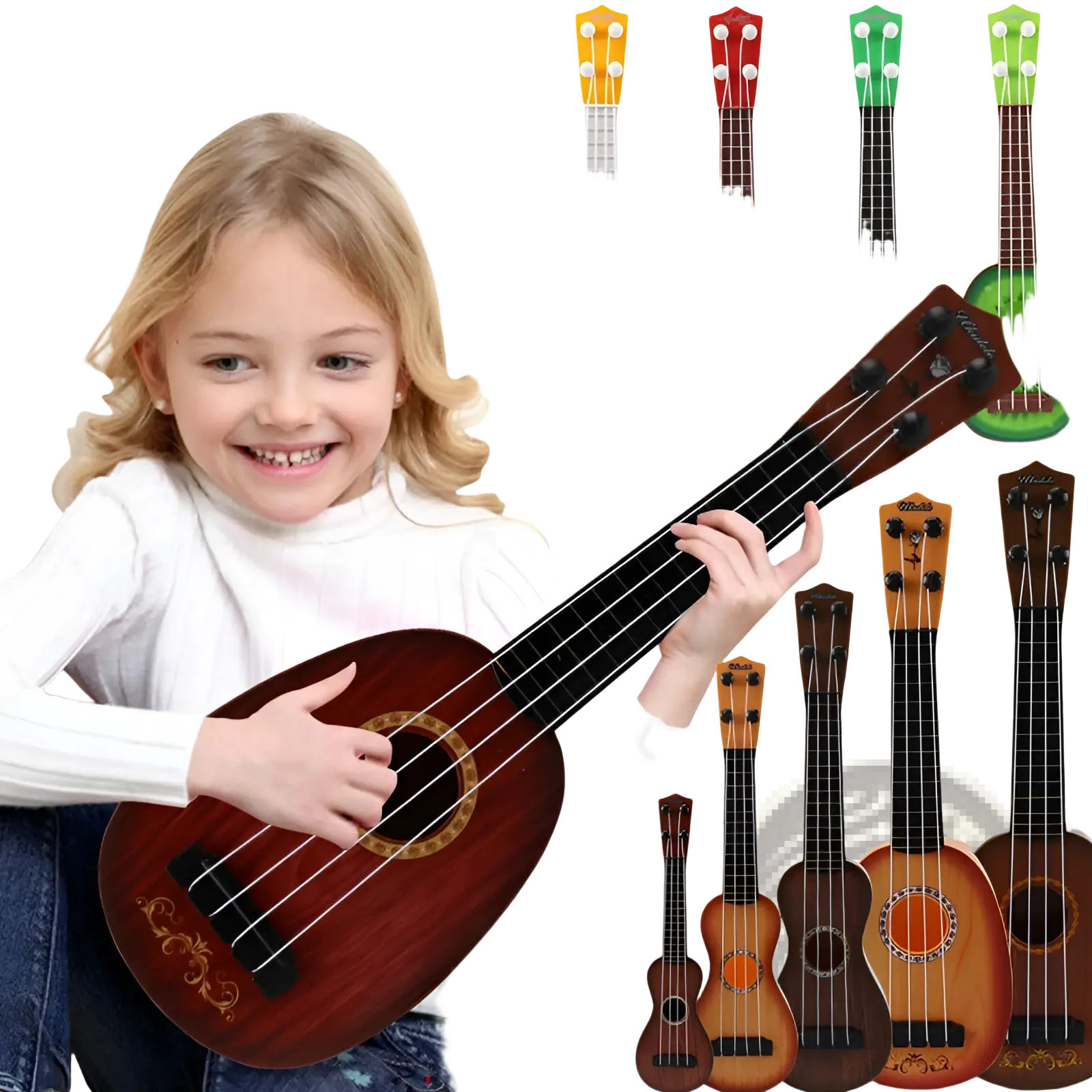 A child holds a dark brown wooden kids ukulele toy with ornate gold inlay designed for children