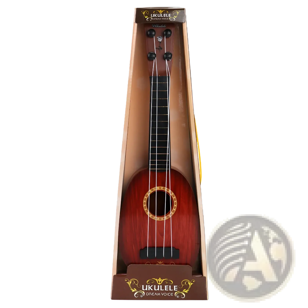 A polished reddish-brown kids ukulele toy simulation guitar with black fretboard in branded packaging