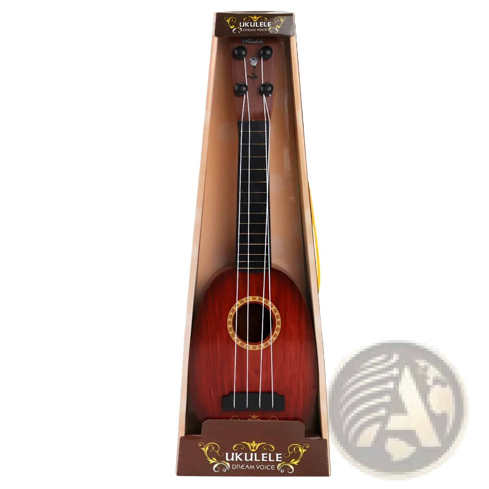 A polished reddish-brown kids ukulele toy simulation guitar with black fretboard in branded packaging