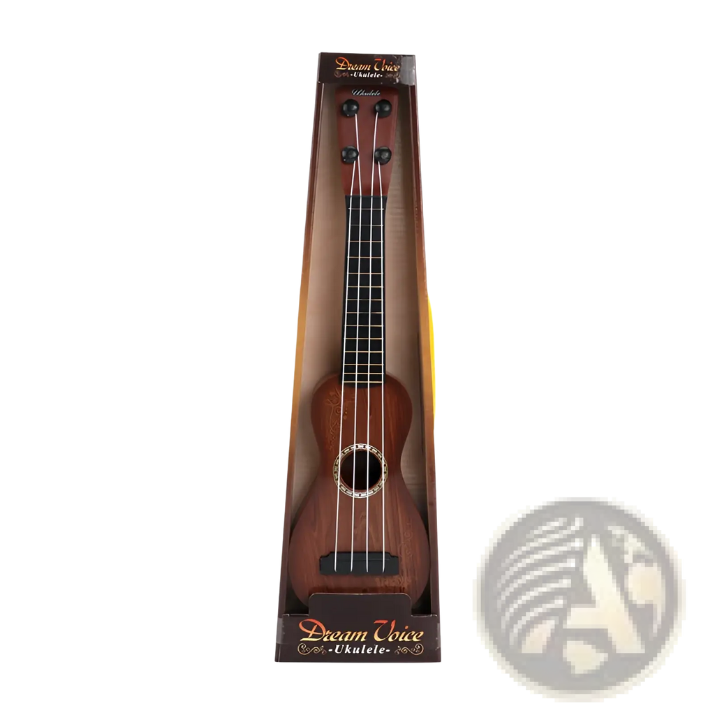 A polished brown wooden kids ukulele toy with black tuning pegs and dream voice branding in its packaging