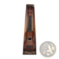 A polished brown wooden kids ukulele toy with black tuning pegs and dream voice branding in its packaging