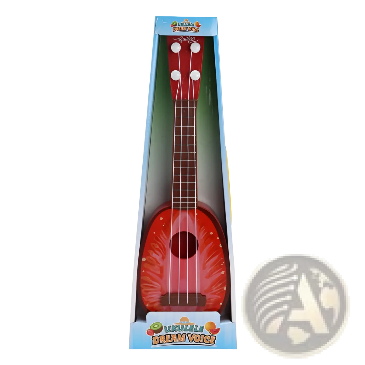Red plastic kids ukulele toy with white tuning pegs and glossy finish in blue ukulele dream voice packaging box