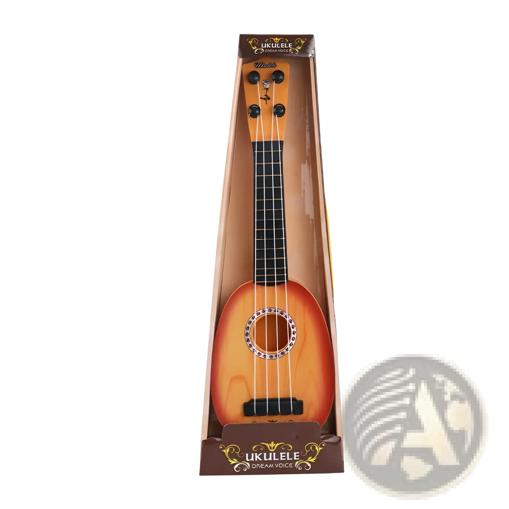 A wooden kids ukulele toy with sunburst finish and black fretboard packaged in its branded box for children