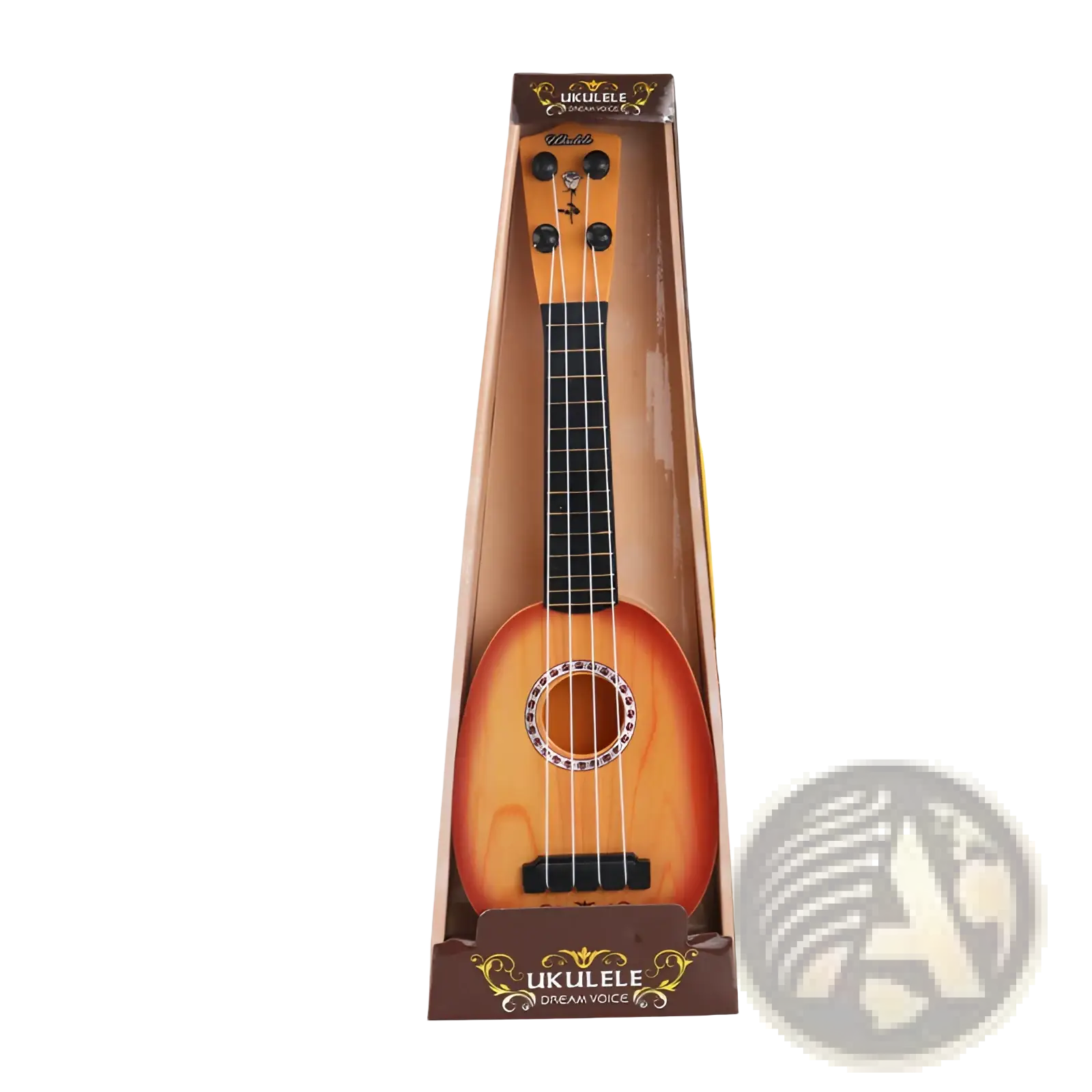 A wooden kids ukulele toy with sunburst finish and black fretboard packaged in its branded box for children