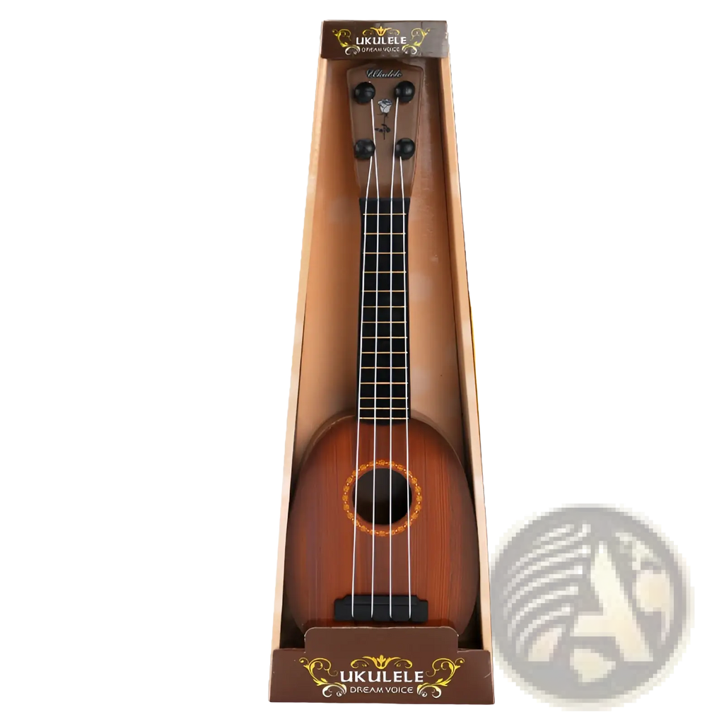 A wooden kids ukulele toy guitar with a warm brown finish black tuning pegs and a gold ornate soundhole ring