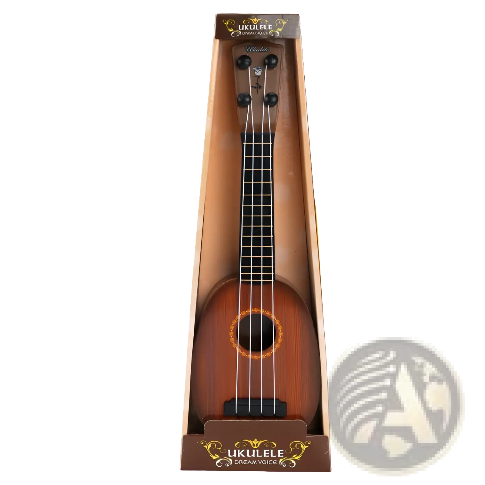 A wooden kids ukulele toy guitar with a warm brown finish black tuning pegs and a gold ornate soundhole ring