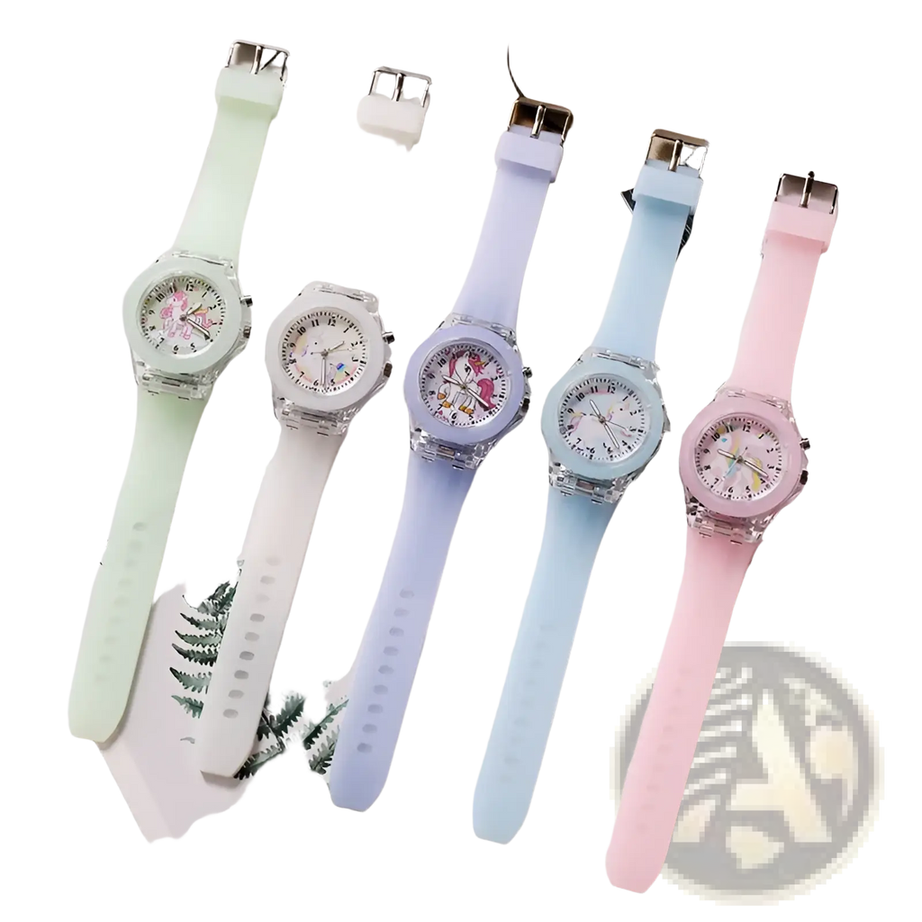 Kids unicorn led light up silicone digital watch with pastel silicone strap transparent case and unicorn-themed dial