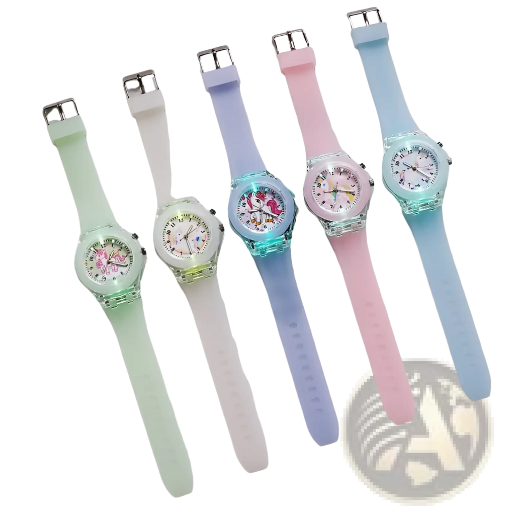 Pastel-colored kids unicorn led light up silicone digital watches with translucent cases and unicorn-themed dials