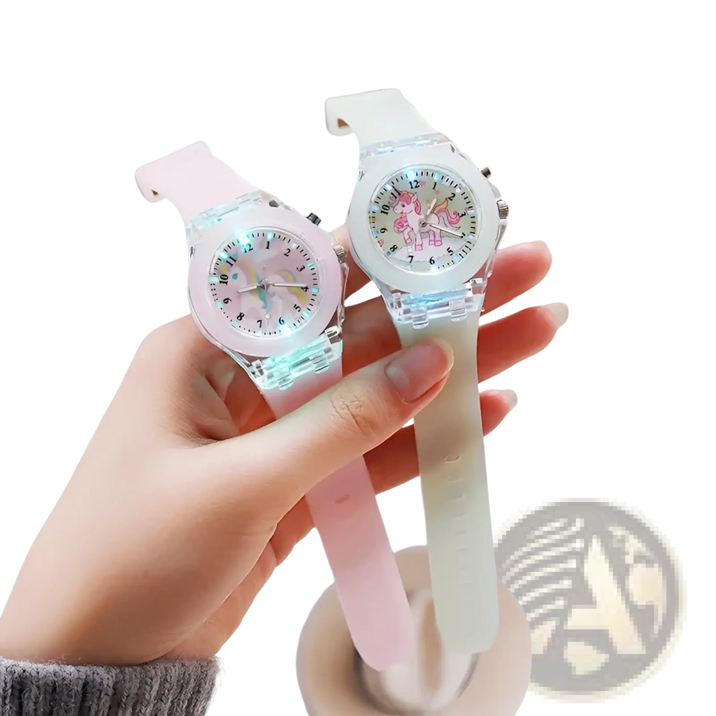 Kids unicorn led light up silicone digital watches in pastel pink and mint green with translucent silicone straps