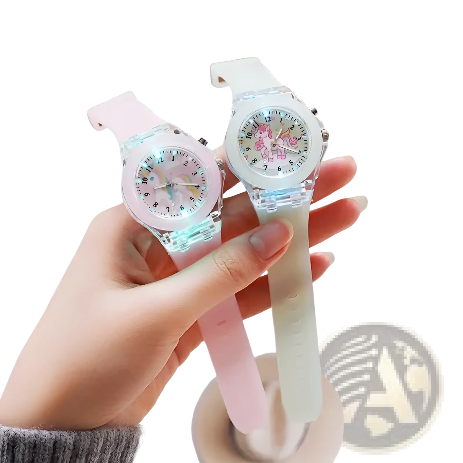 Kids unicorn led light up silicone digital watches in pastel pink and mint green with translucent silicone straps