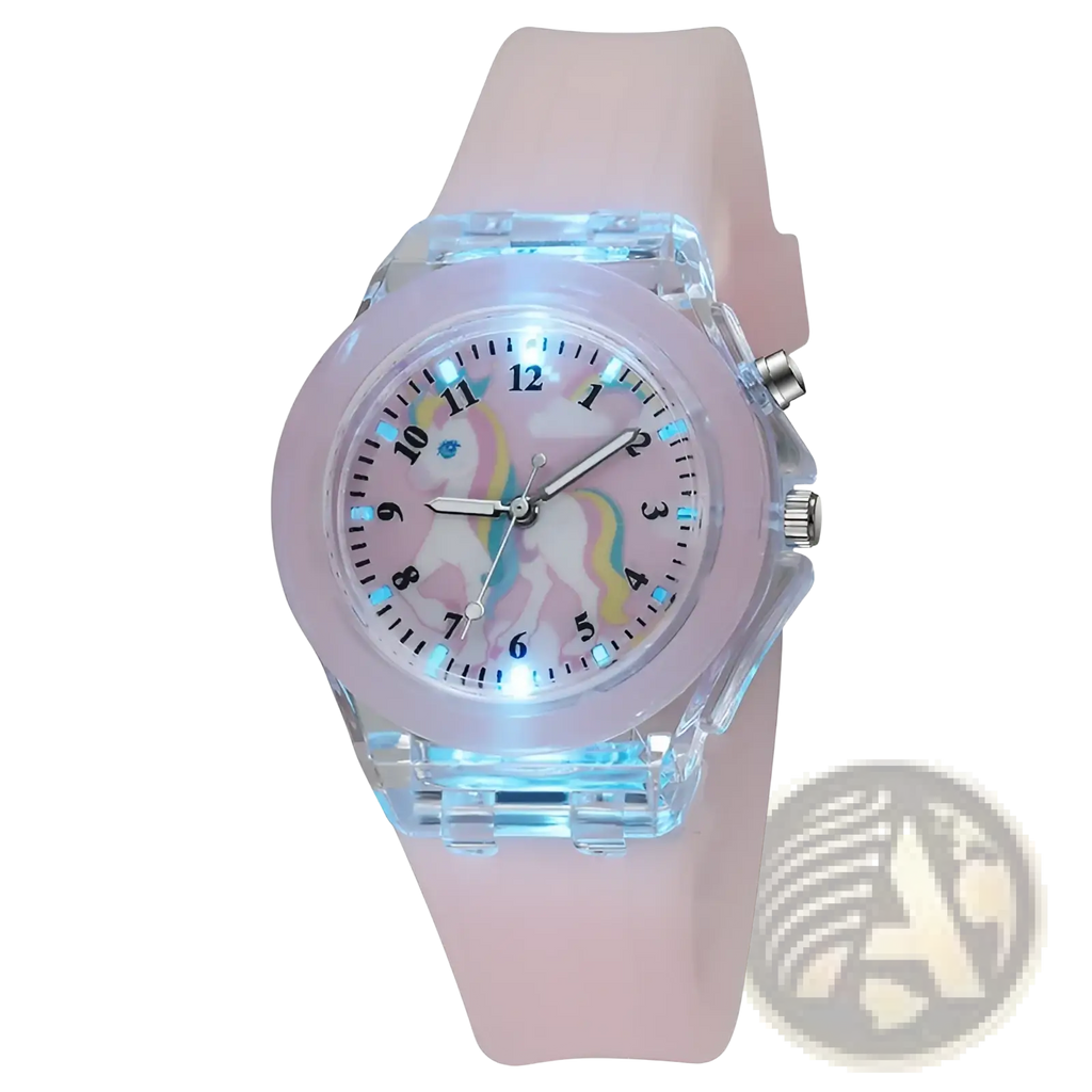 Kids unicorn led light up silicone digital watch with pink strap and translucent blue-lit unicorn design face
