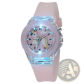 Kids unicorn LED light up silicone digital watch with pink strap and translucent blue-lit unicorn design face