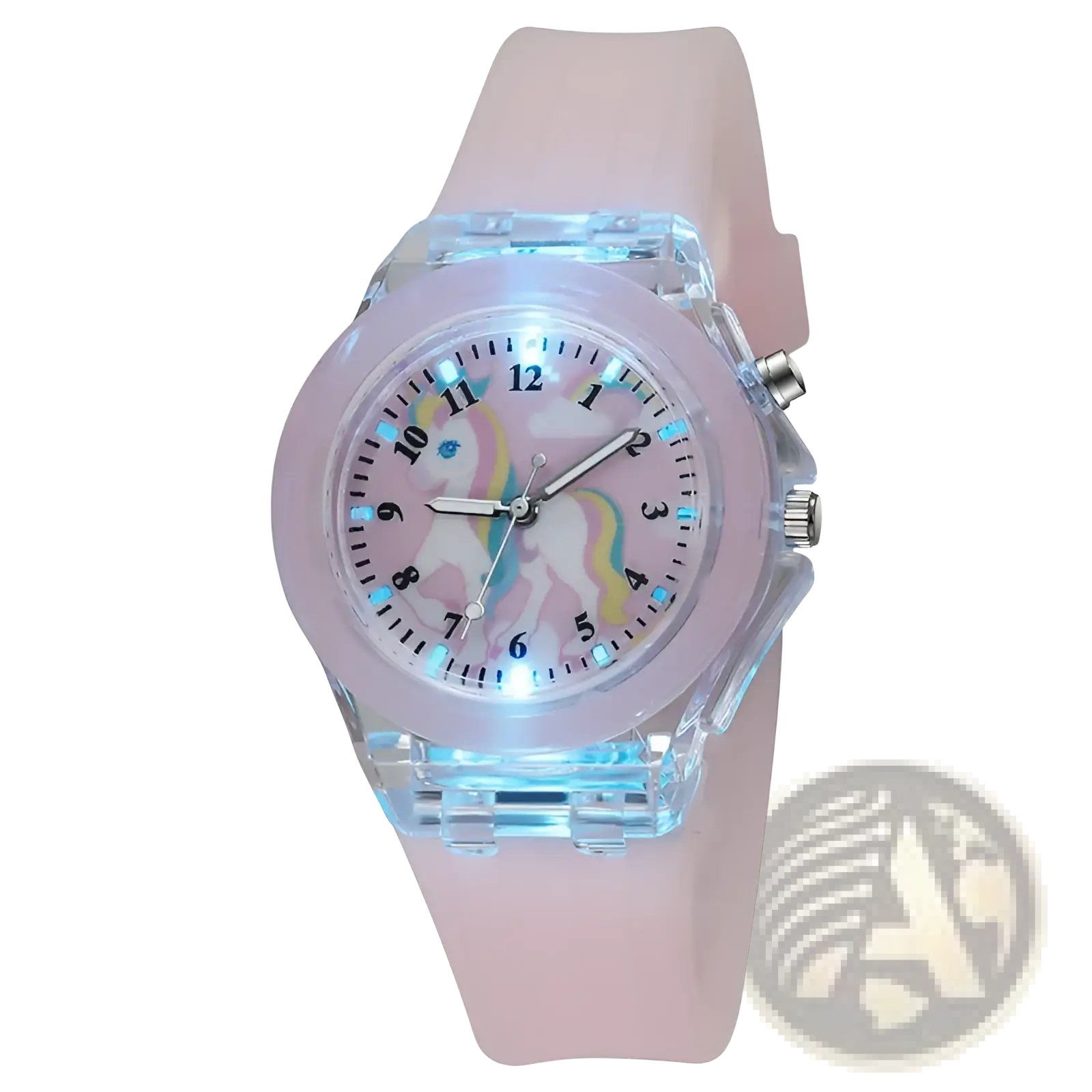 Kids unicorn LED light up silicone digital watch with pink strap and translucent blue-lit unicorn design face