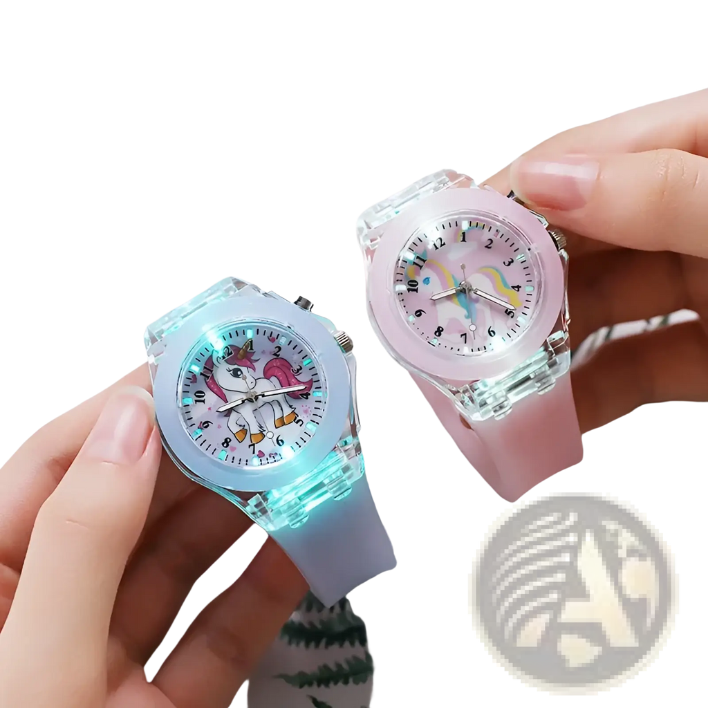Two kids unicorn led light up silicone digital watches featuring glowing blue translucent and pink silicone bands