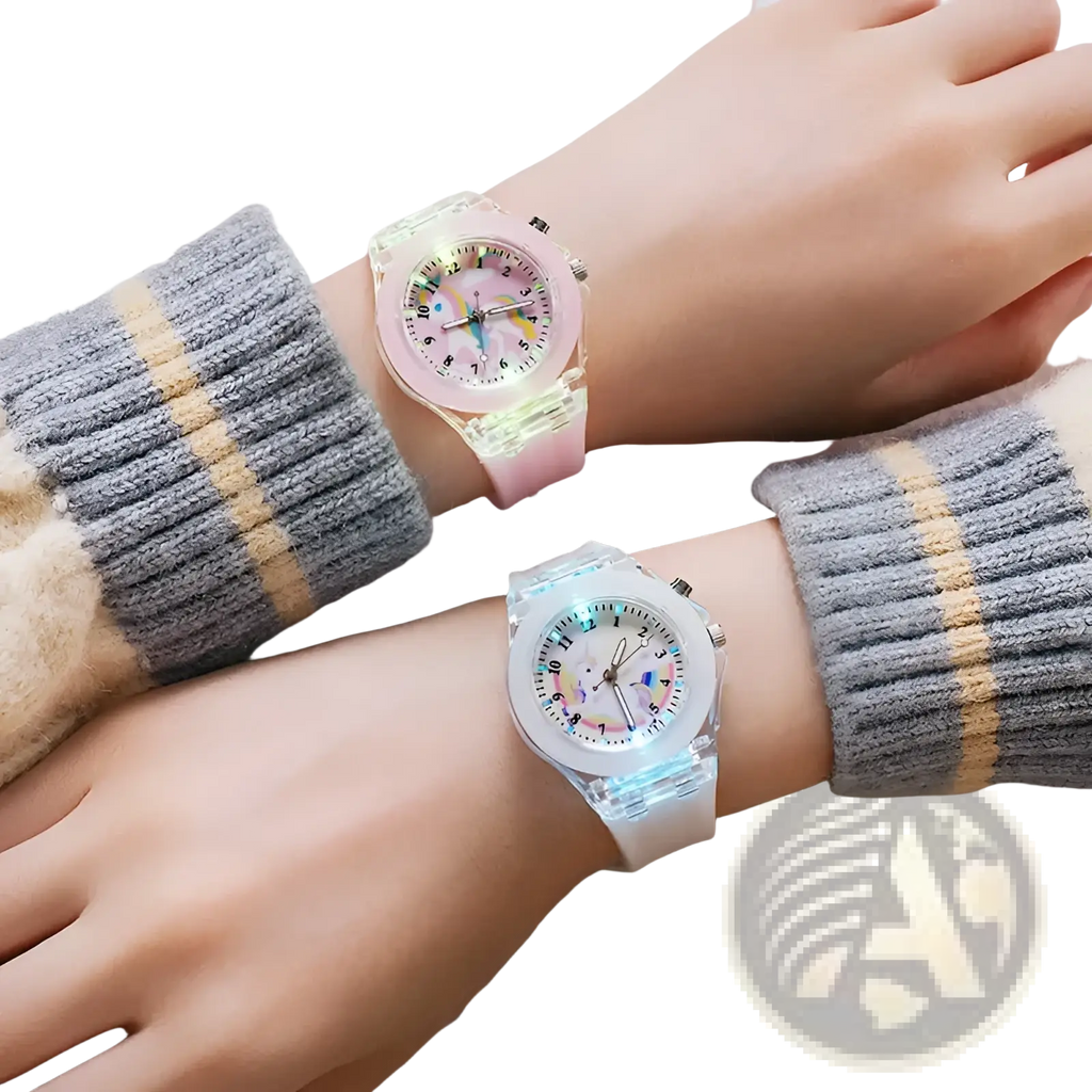 Two translucent pastel kids unicorn led light up silicone digital watches with glowing displays and rainbow faces