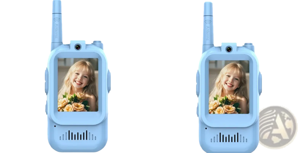 Light blue kids video walkie talkie with rechargeable intercom showing a smiling girl holding flowers on screen
