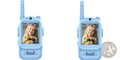 Light blue kids video walkie talkie with rechargeable intercom showing a smiling girl holding flowers on screen