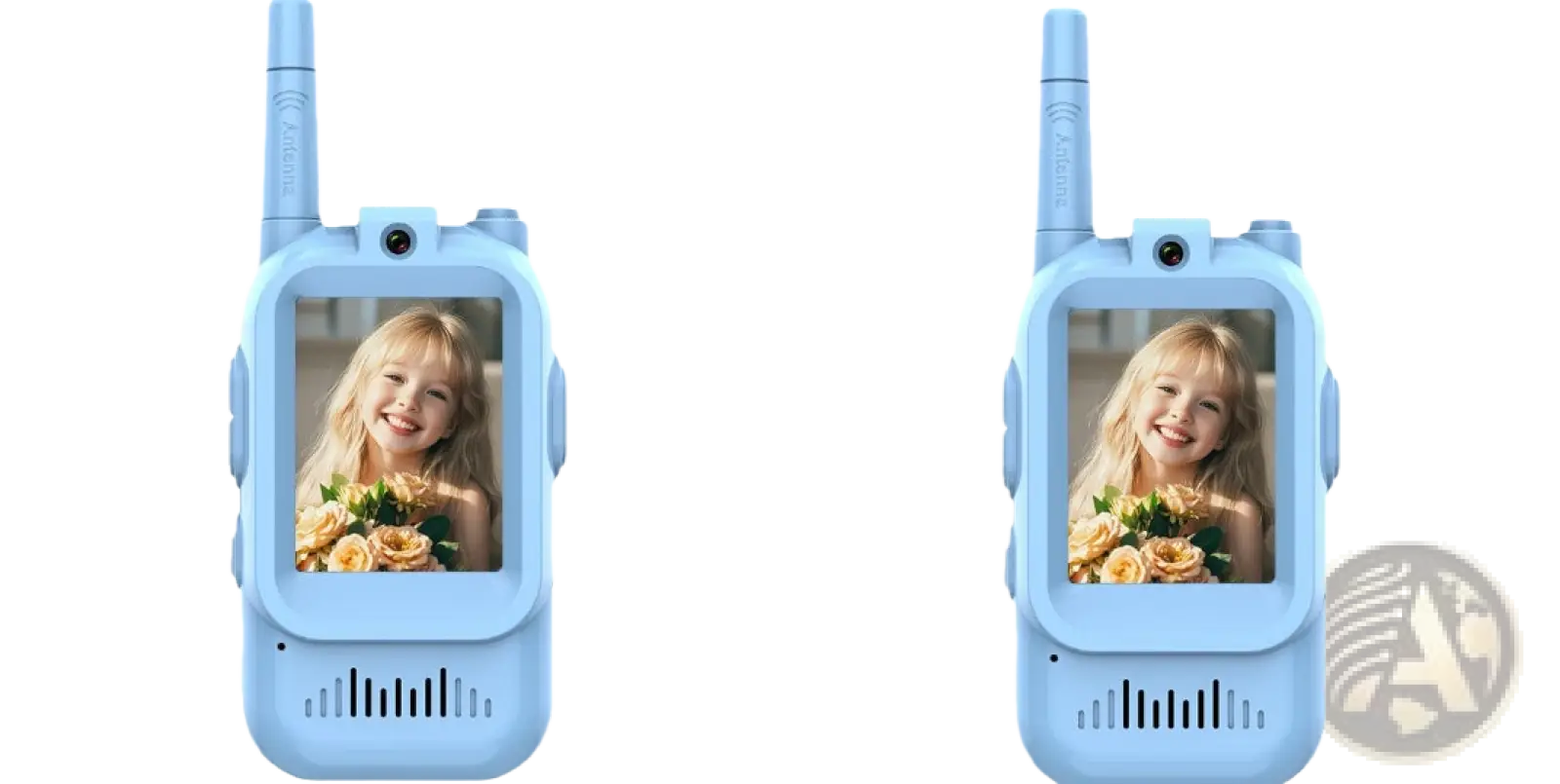 Light blue kids video walkie talkie with rechargeable intercom showing a smiling girl holding flowers on screen