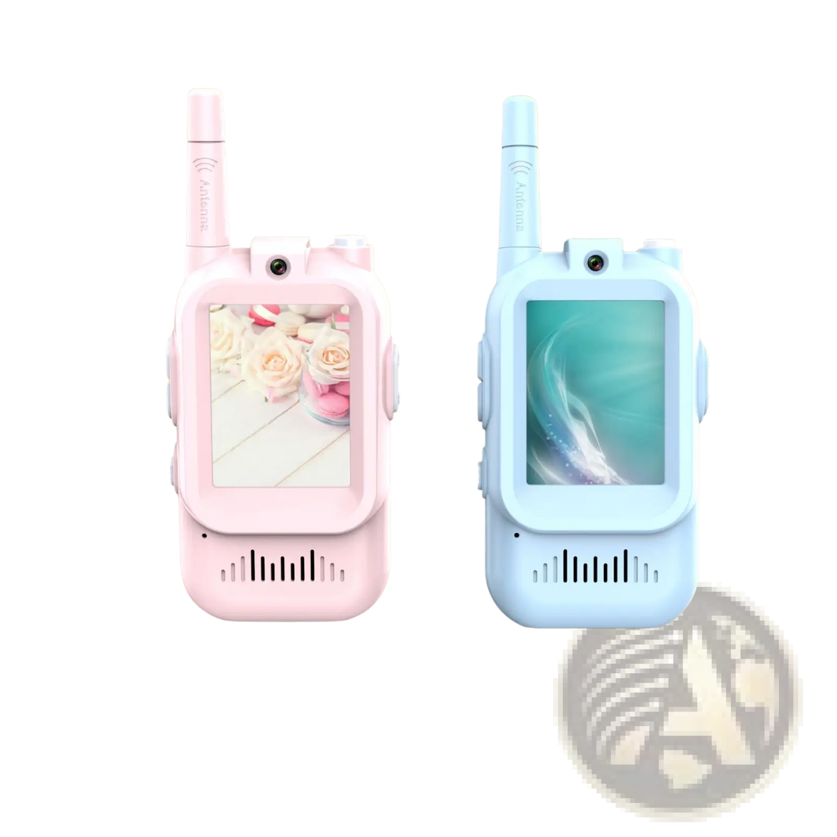 Kids video walkie talkies 2 pack rechargeable intercoms pink and light blue with small screens and rounded edges