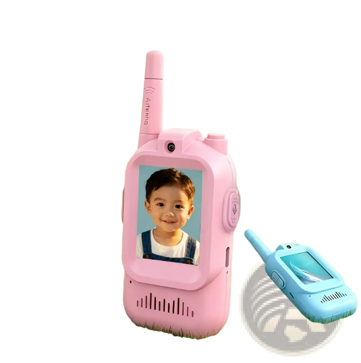 Pink kids video walkie talkie with a smiling child on the screen and a small antenna in a rechargeable intercom set
