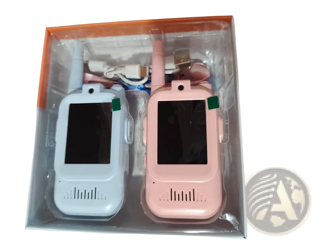 A pair of pastel blue and pink kids video walkie talkies 2 pack rechargeable intercoms with antenna and speaker grille