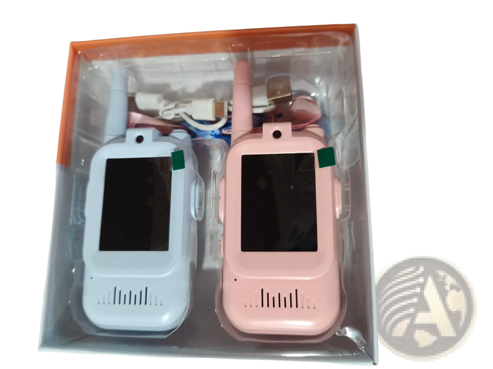 A pair of pastel blue and pink kids video walkie talkies 2 pack rechargeable intercoms with antenna and speaker grille