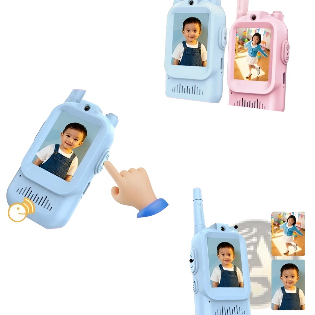 Light blue plastic kids video walkie talkies 2 pack with colorful screen displays and volume button rechargeable intercoms