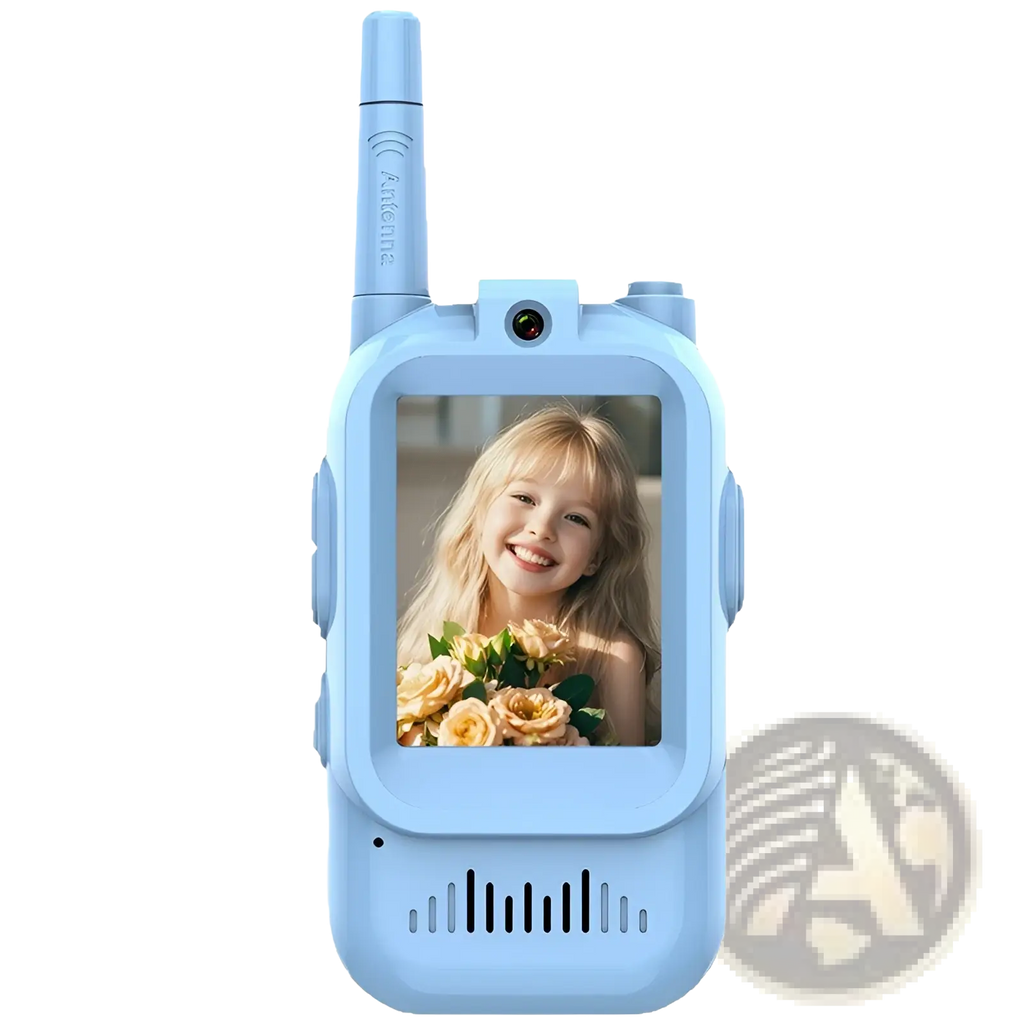 Light blue kids video walkie talkie with screen displaying a smiling girl holding roses rechargeable intercom model