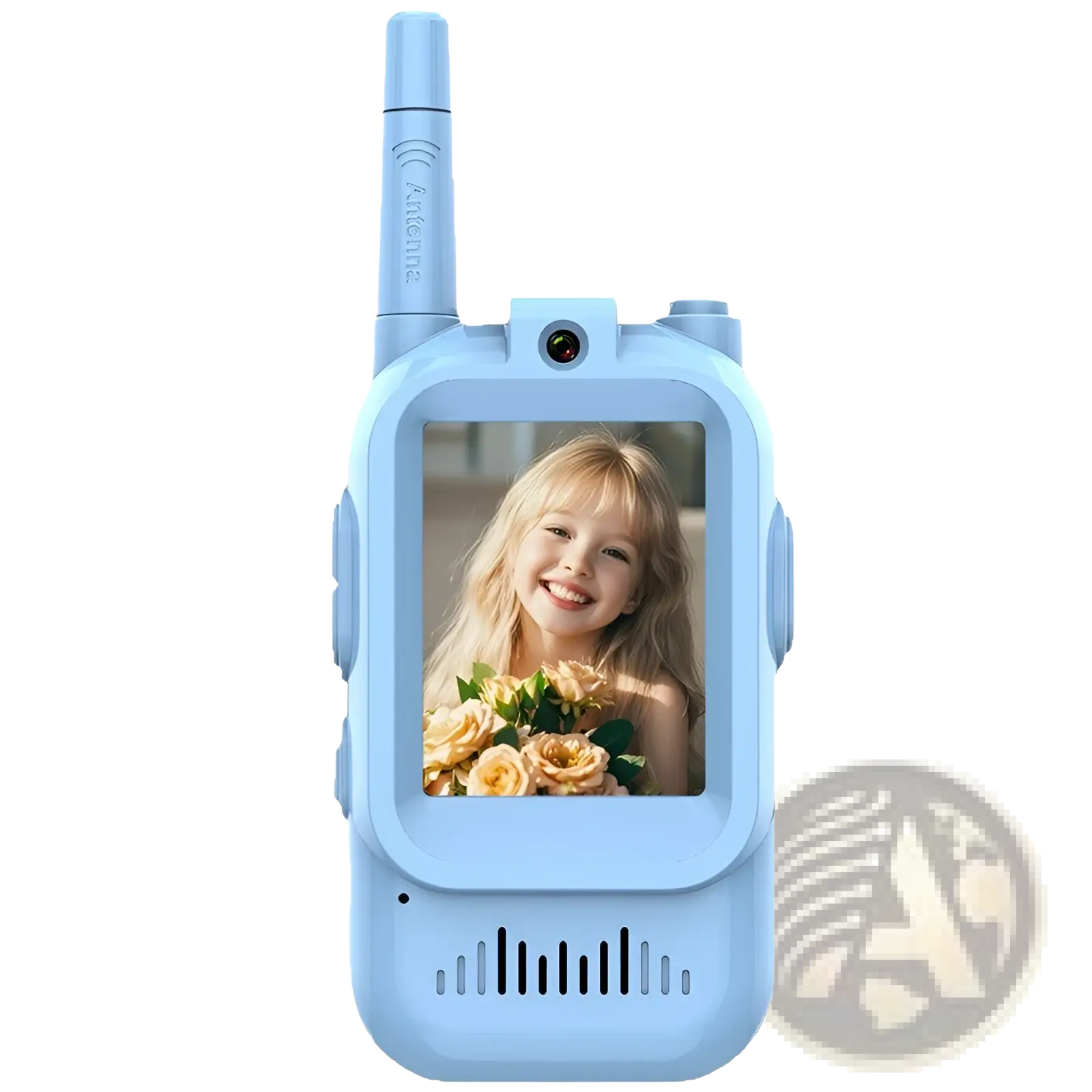 Light blue kids video walkie talkie with screen displaying a smiling girl holding roses rechargeable intercom model