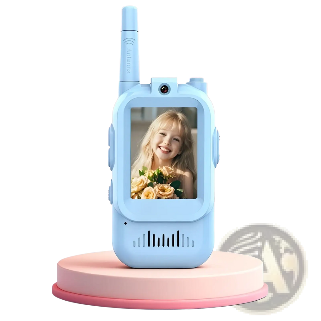Light blue kids video walkie talkie with 480p hd screen and antenna for rechargeable intercom communication