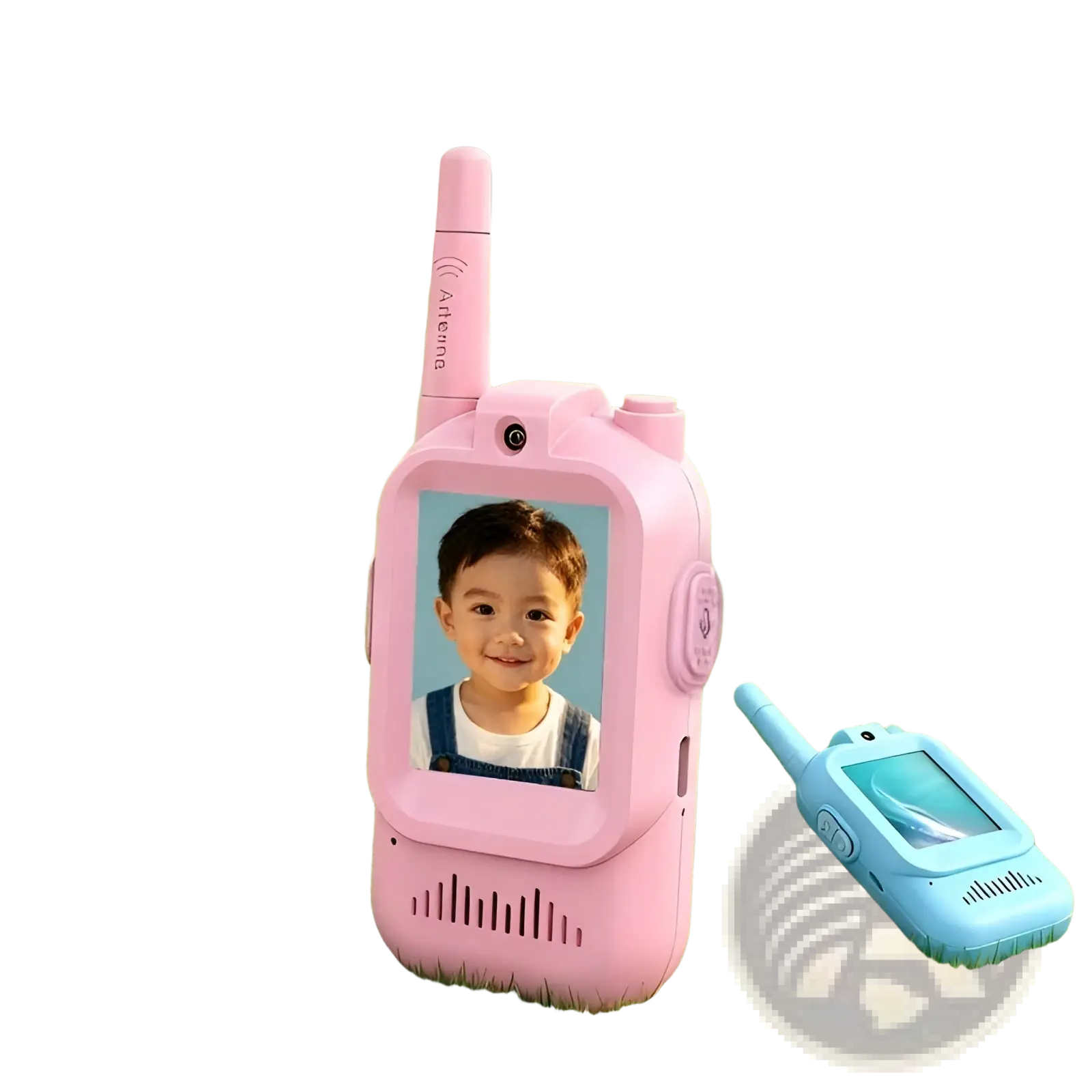 Pink kids video walkie talkie 2 pack rechargeable intercom with screen showing smiling child camera lens and speaker grille