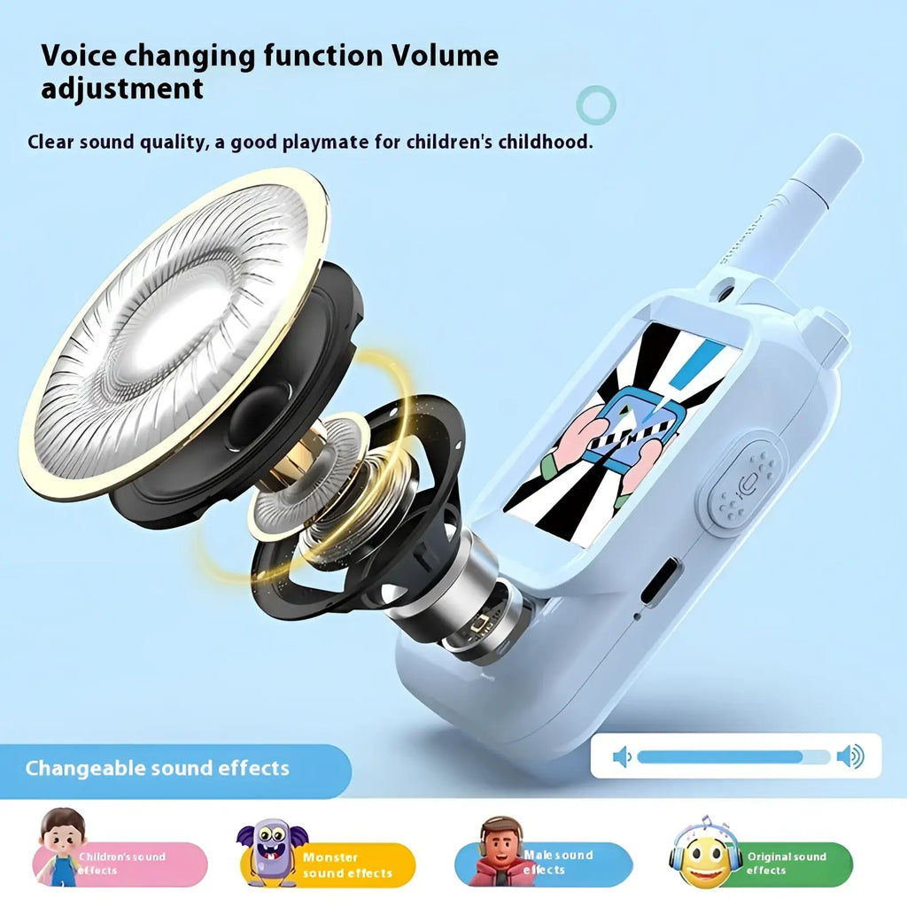 Light blue kids video walkie talkie with cartoon screen and exposed speaker components rechargeable intercom device