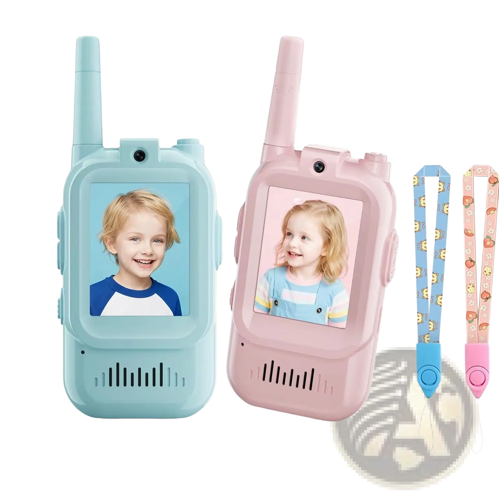 Kids video walkie talkies 2 pack rechargeable intercoms in light blue and pink with screens showing a child’s face