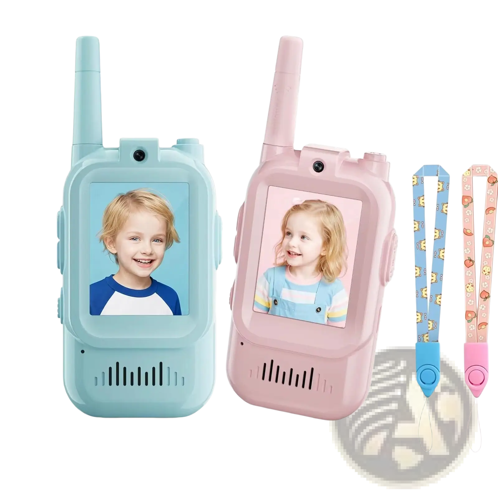 Kids video walkie talkies 2 pack rechargeable intercoms in light blue and pink with screens showing a child’s face