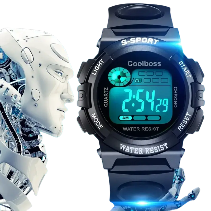 Black kids watch digital sports wristwatch with teal led display and coolboss branding waterproof reloj digital