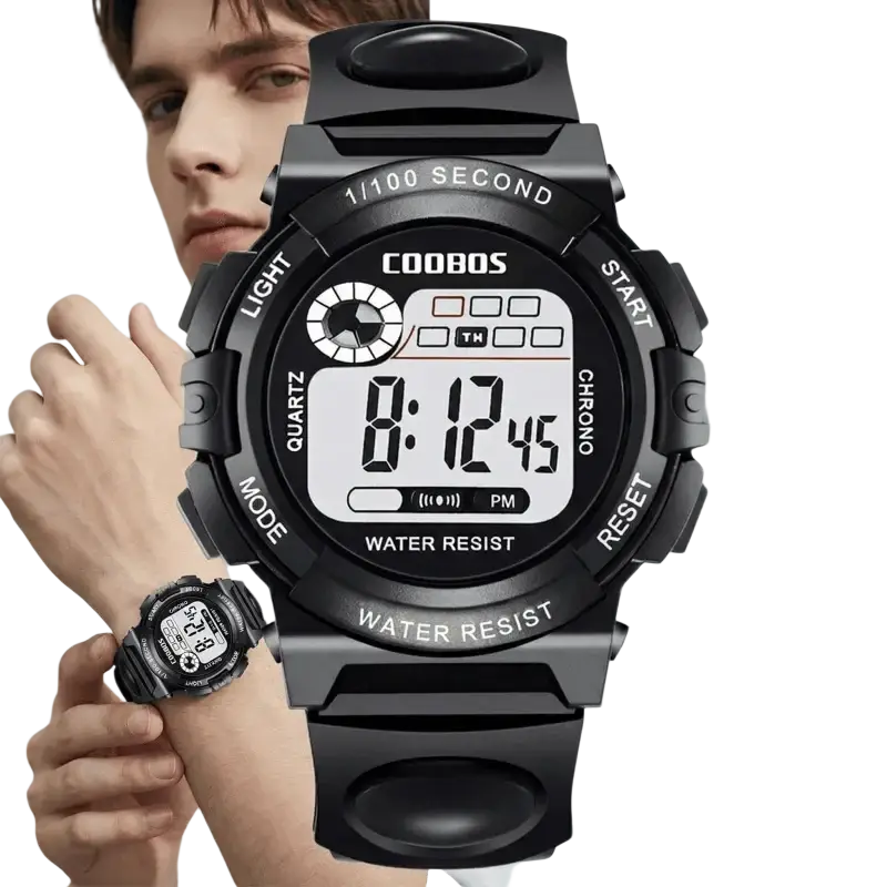Black digital kids watch with rugged matte case and strap featuring white function markings for sports use reloj digital