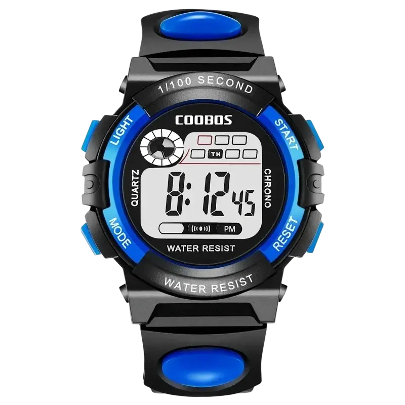 Black and blue digital kids watch with durable plastic case, bright blue buttons, and 24-hour lcd display reloj digital