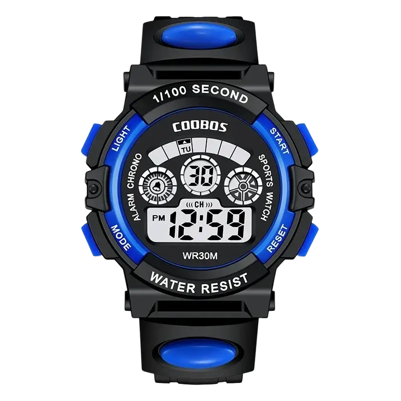 Black and blue digital kids watch by coobos with black rubber strap waterproof led sports wristwatch reloj digital