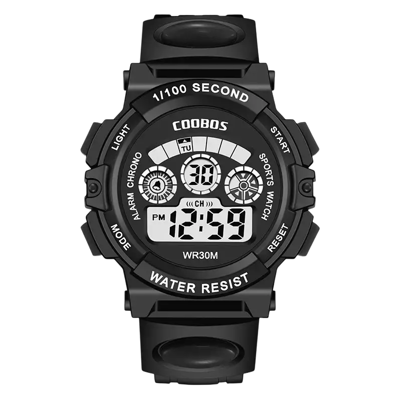Black coobos kids watch digital sports watch with rugged matte-finish plastic case and strap waterproof led reloj digital