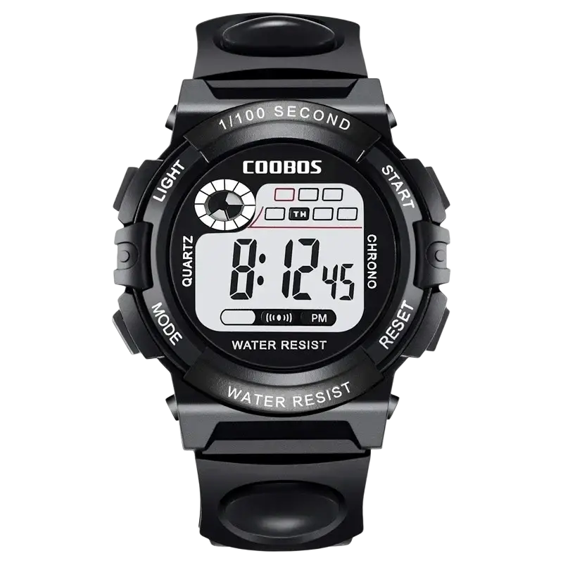 Black coobos kids digital watch with rugged matte-finish case and strap suitable for sports activities