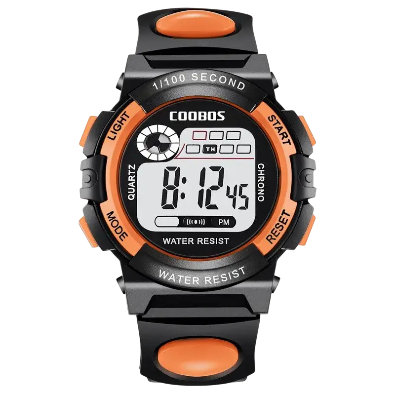 Black and orange kids watch digital watch with rugged textured case and strap designed for sports use